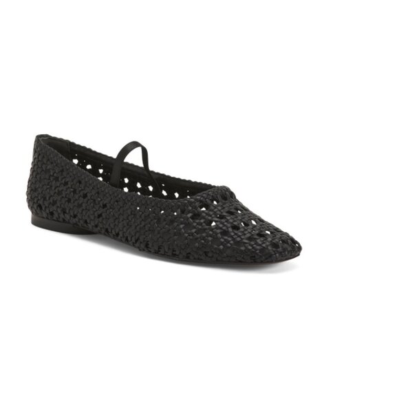 VINCE Black Leather Vivian Mary Jane Woven Flats